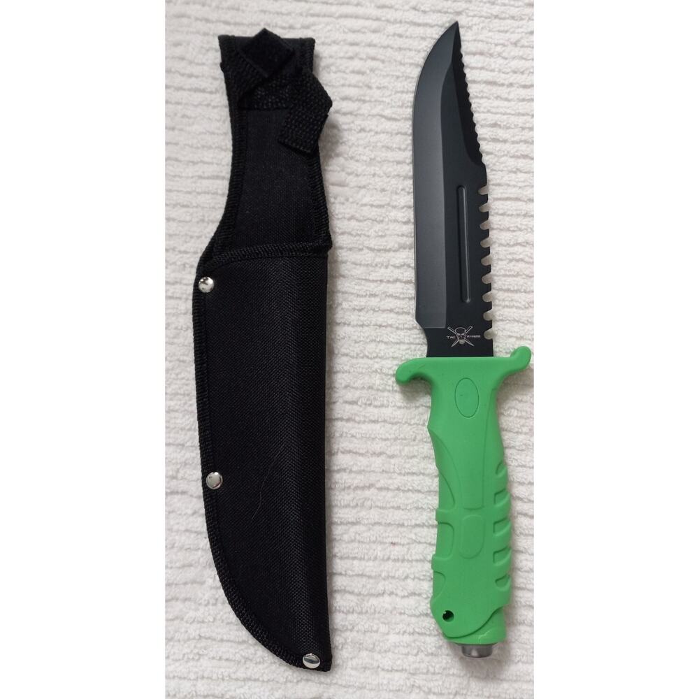 TAC ASSAULT 12" Knife Black Saw Blade Green Handle W/ Nylon Sheath TX-037GR